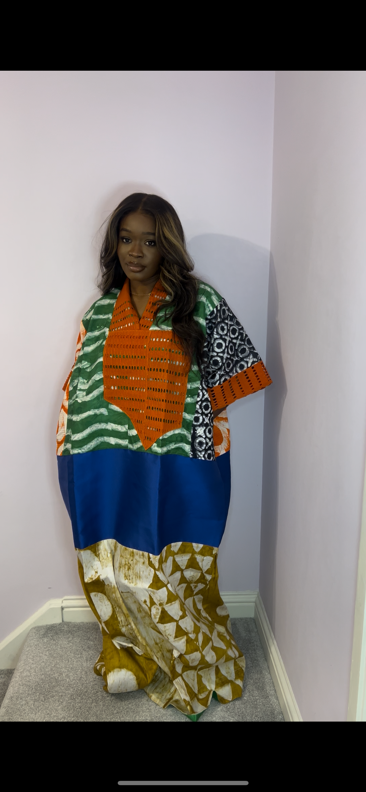 Multi coloured patchwork bubu with orange agbada detailing one size
