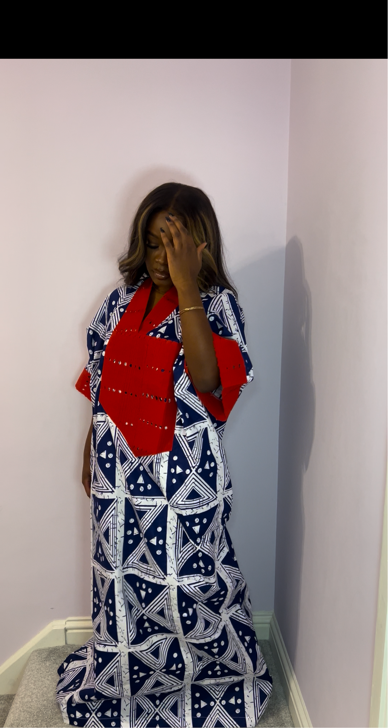 Bold navy blue bubu with striking red trim one size
