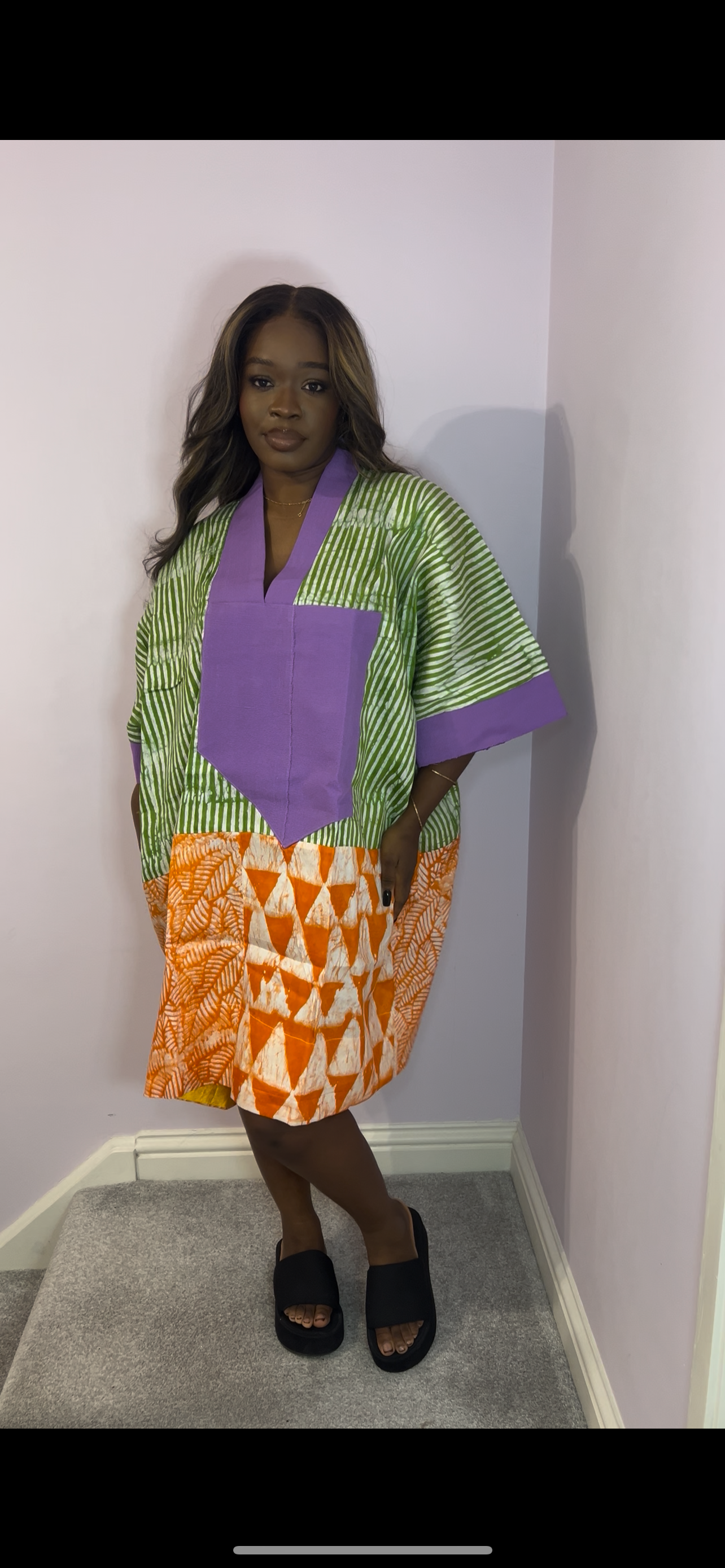 Short multi coloured bubu with purple trim detail one size