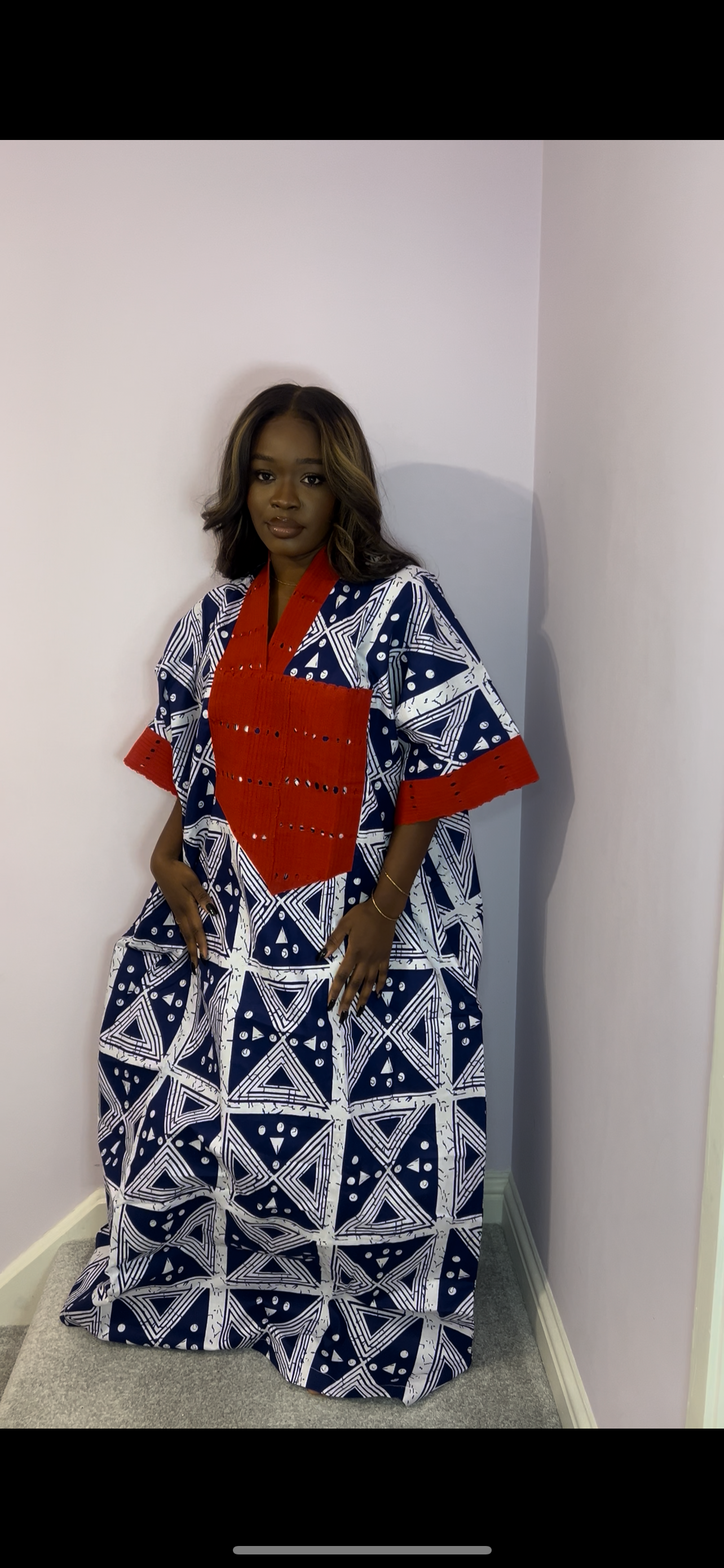 Bold navy blue bubu with striking red trim one size