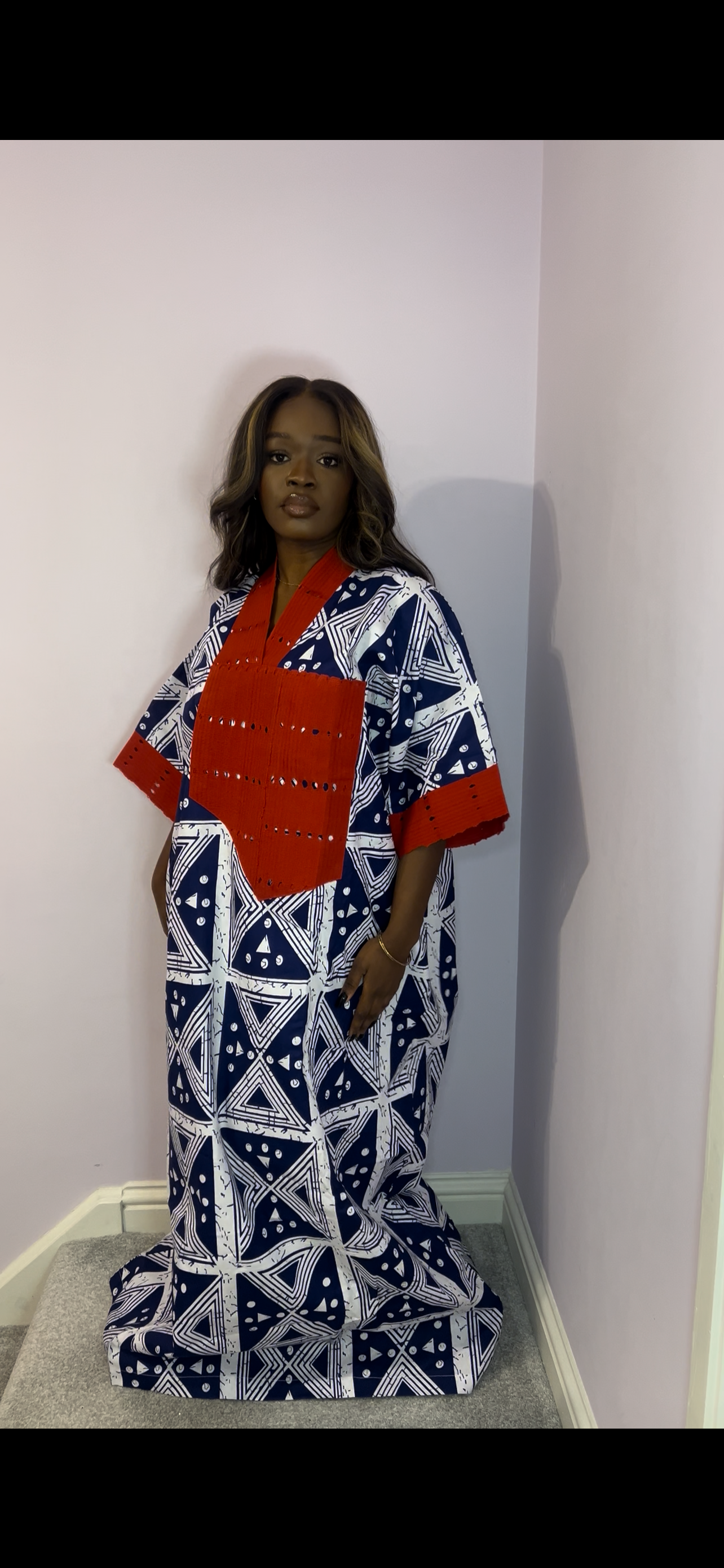Bold navy blue bubu with striking red trim one size