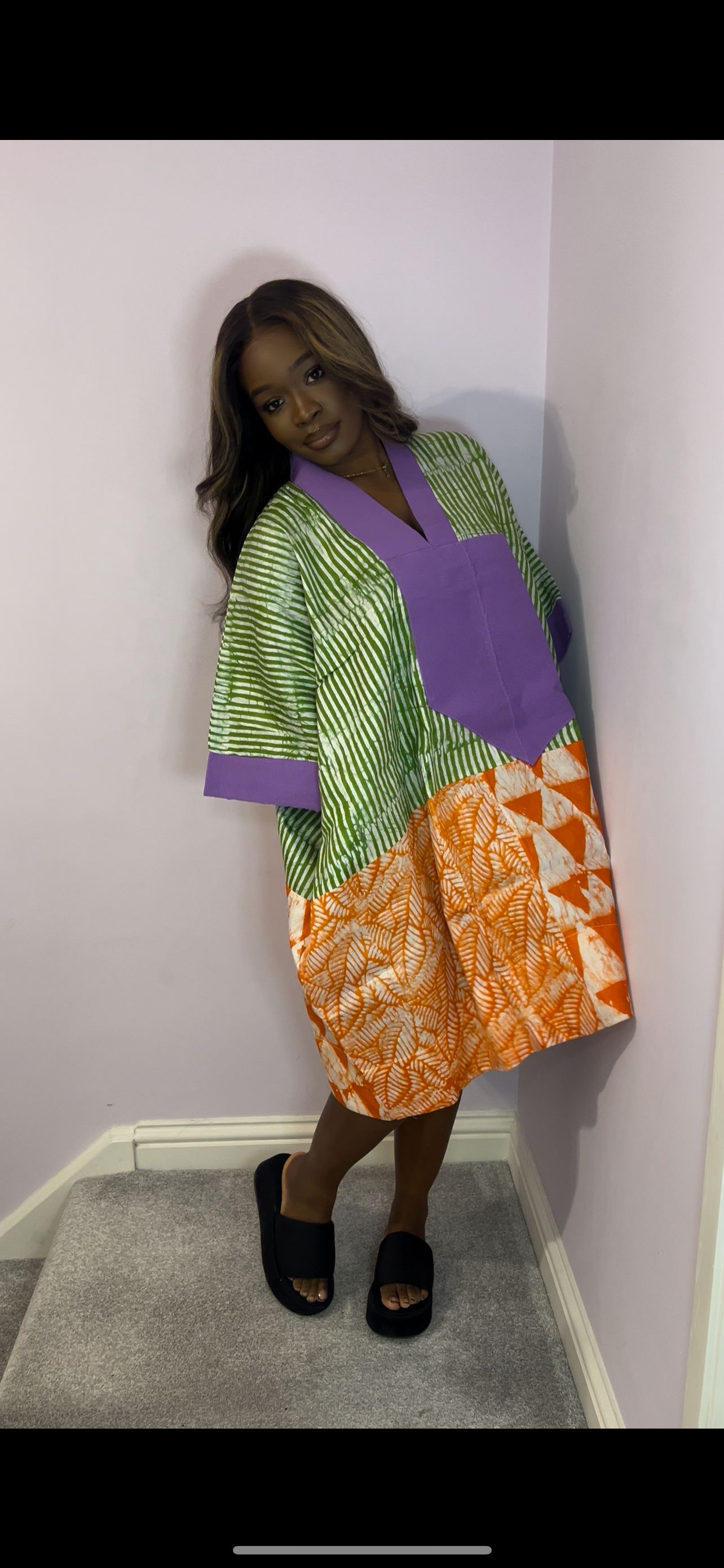 Short multi coloured bubu with purple trim detail one size