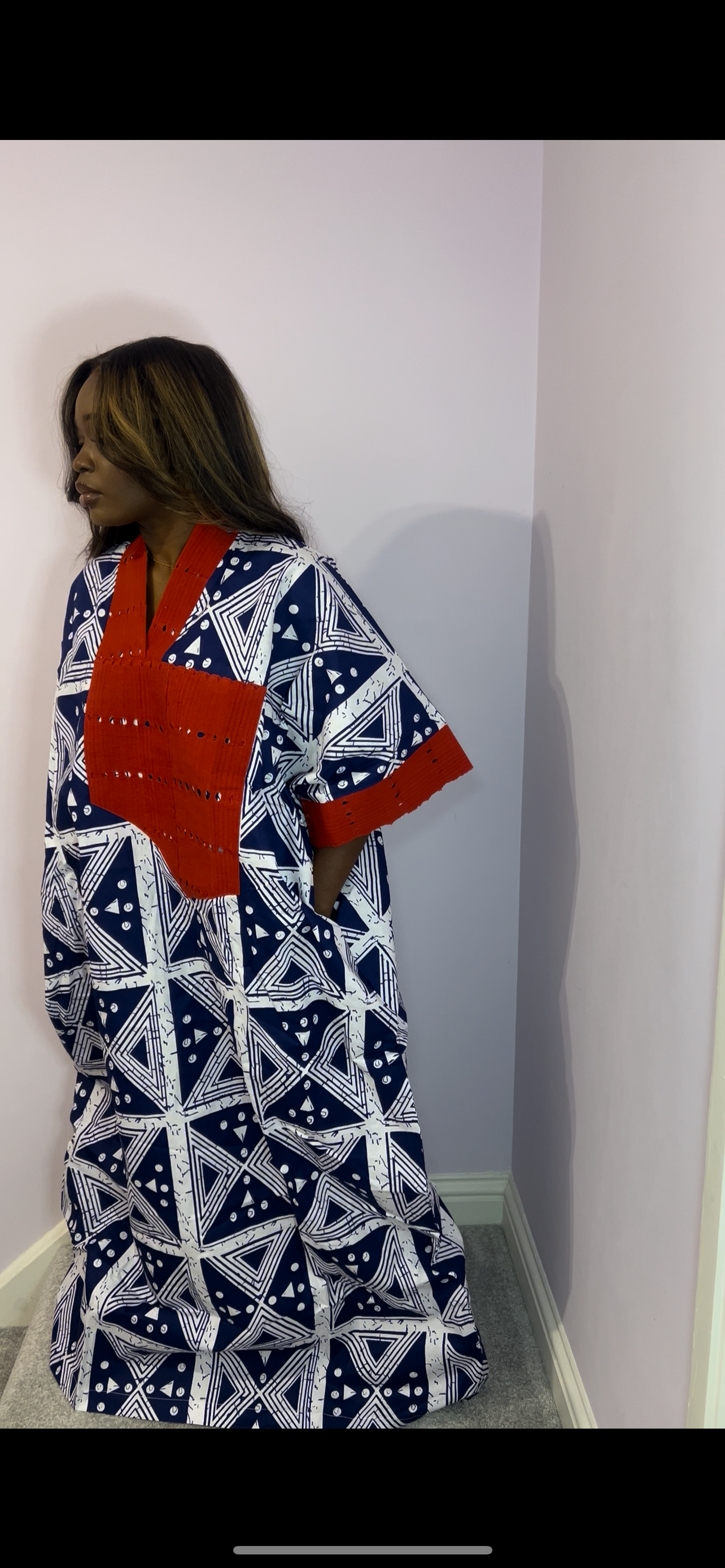Bold navy blue bubu with striking red trim one size