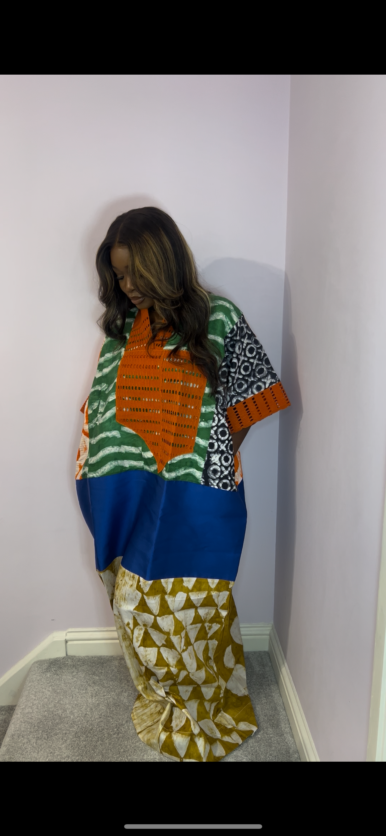 Multi coloured patchwork bubu with orange agbada detailing one size