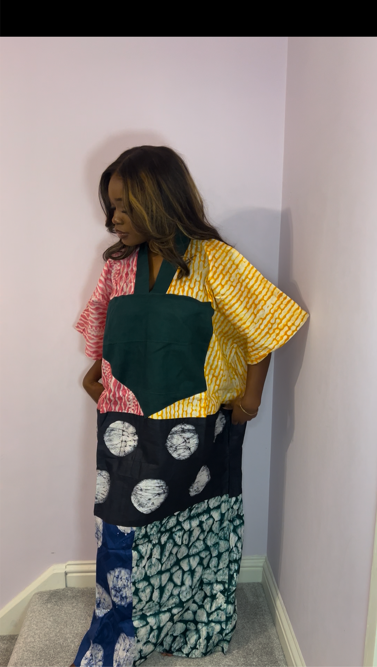Mixed print colourful bubu with green agbada style trim one size