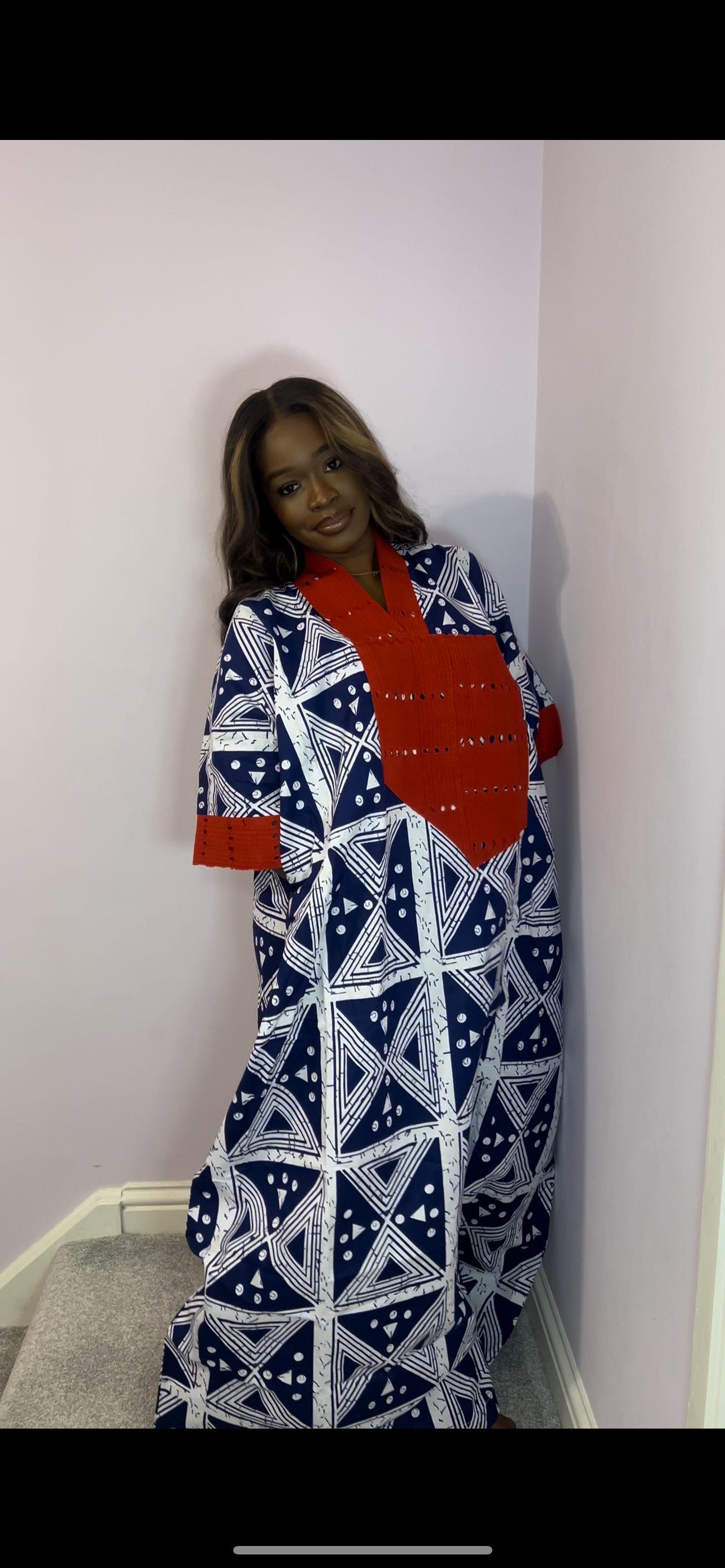 Bold navy blue bubu with striking red trim one size