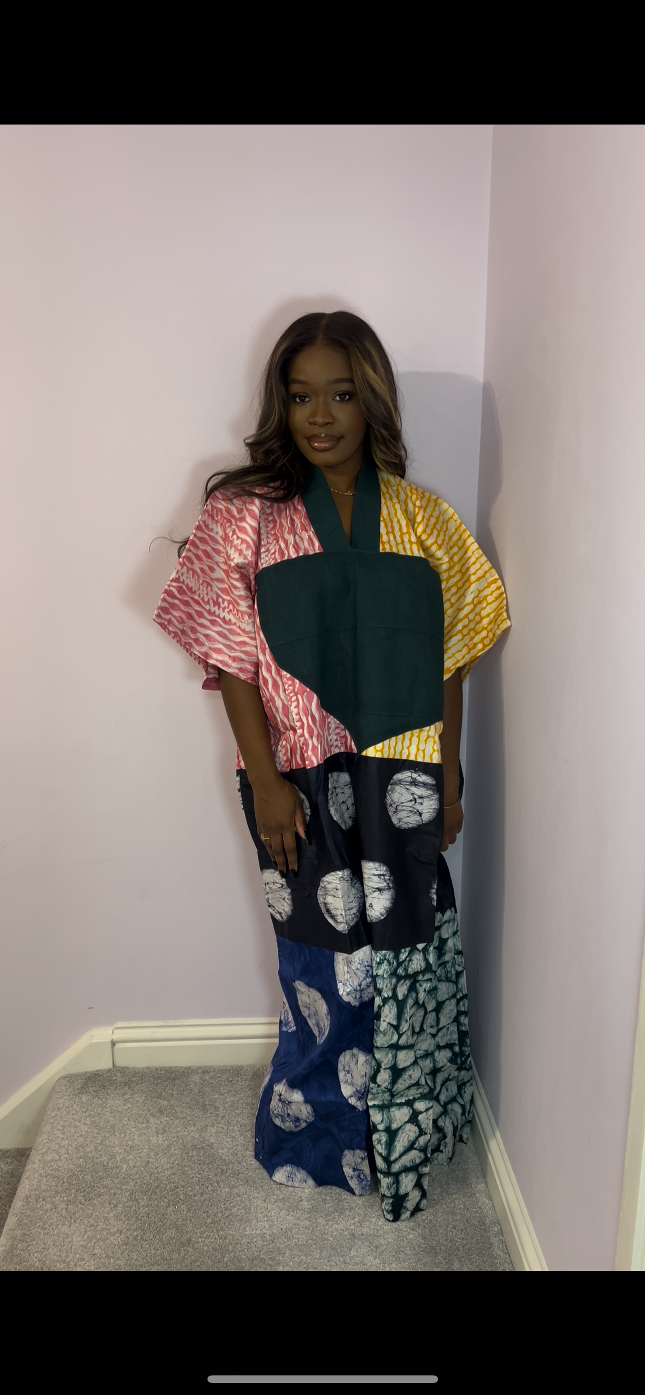 Mixed print colourful bubu with green agbada style trim one size