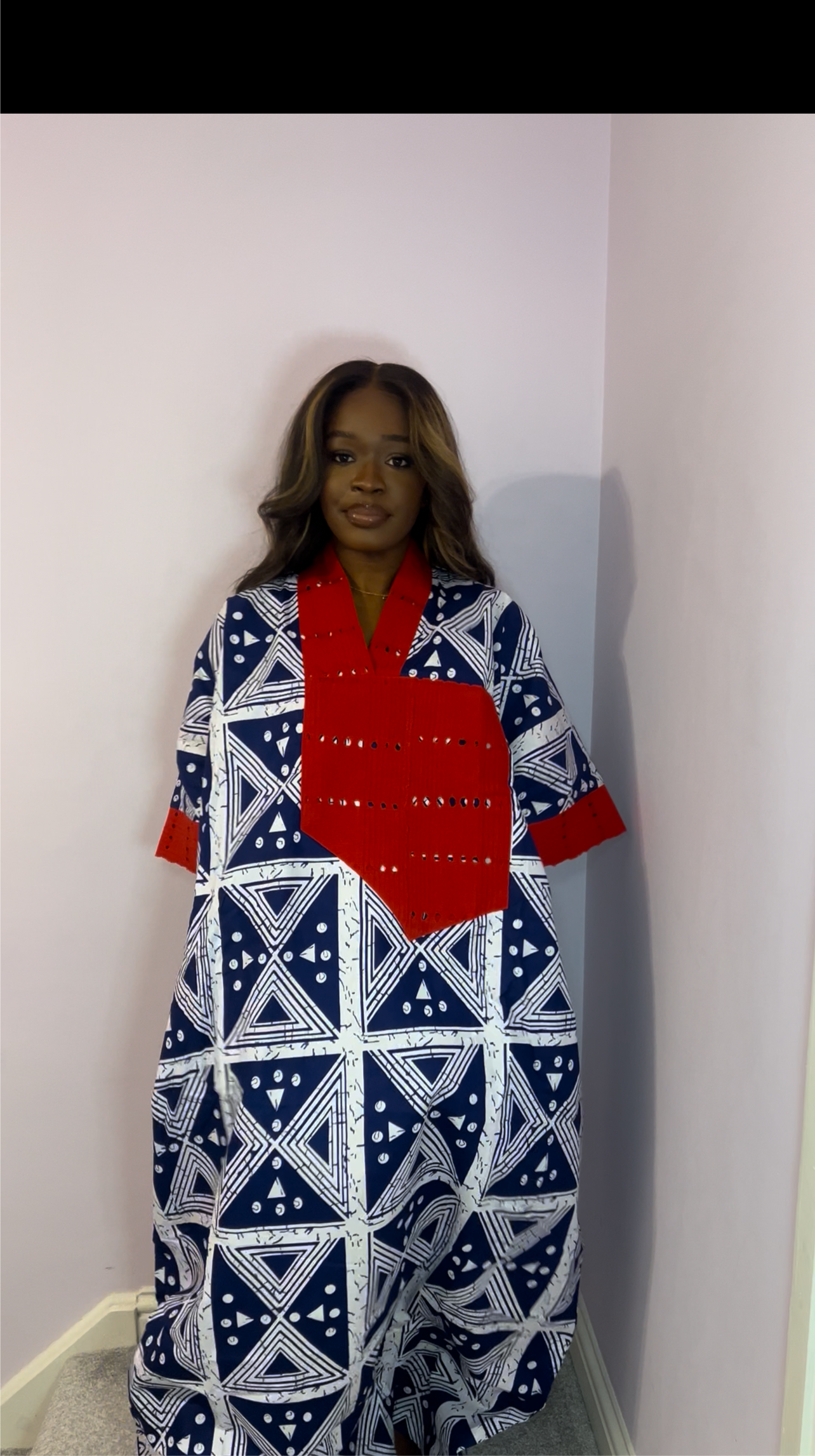 Bold navy blue bubu with striking red trim one size