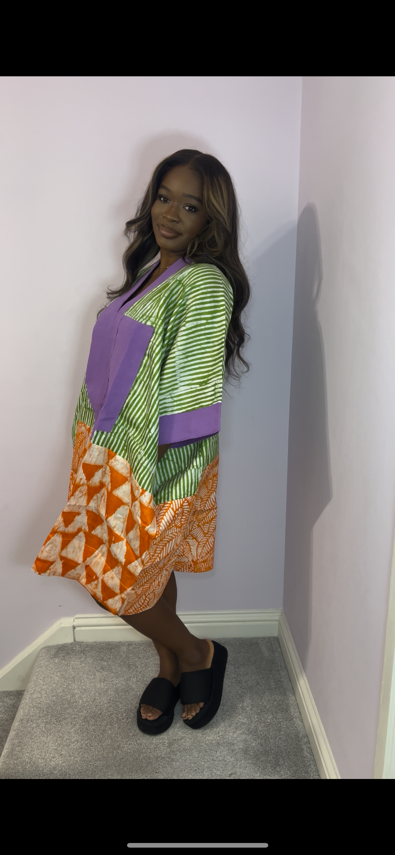 Short multi coloured bubu with purple trim detail one size