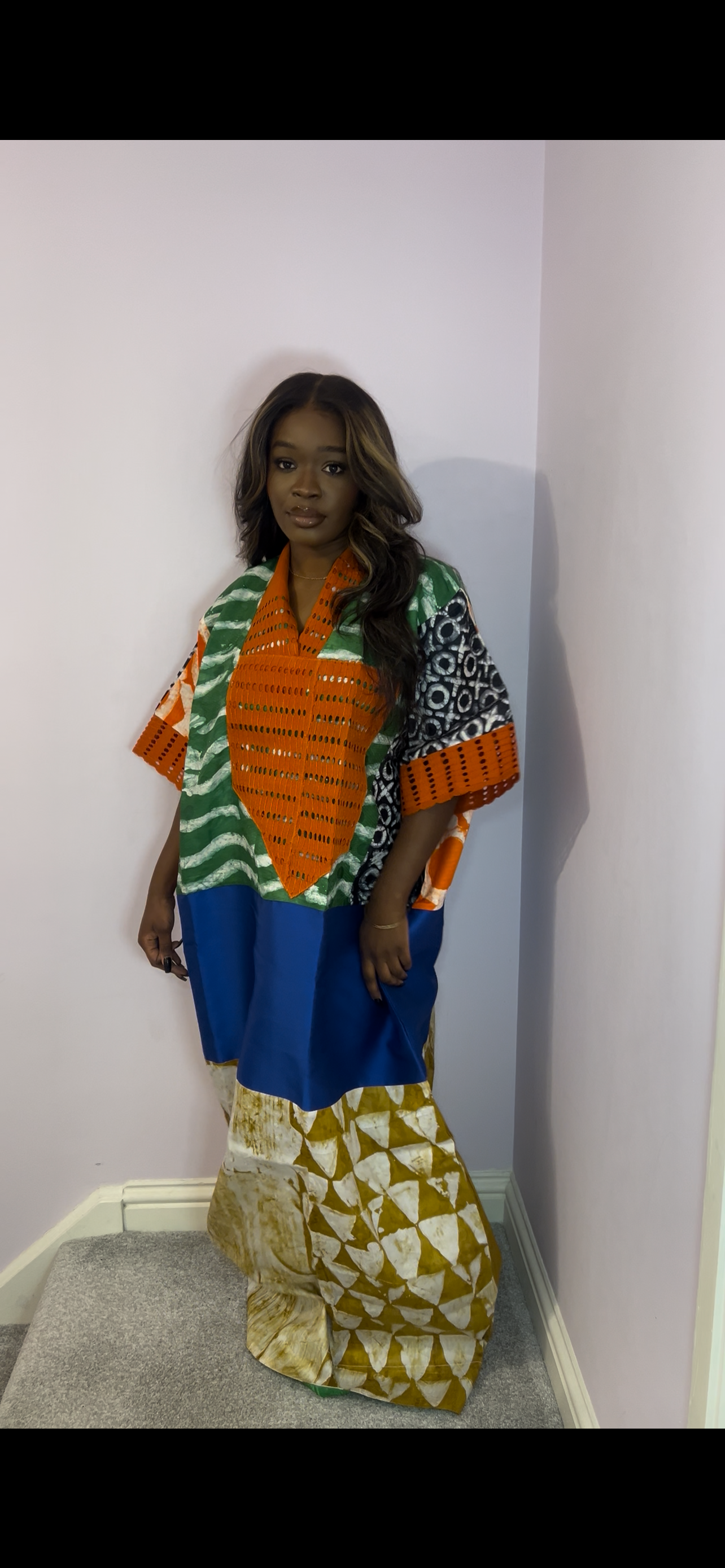 Multi coloured patchwork bubu with orange agbada detailing one size