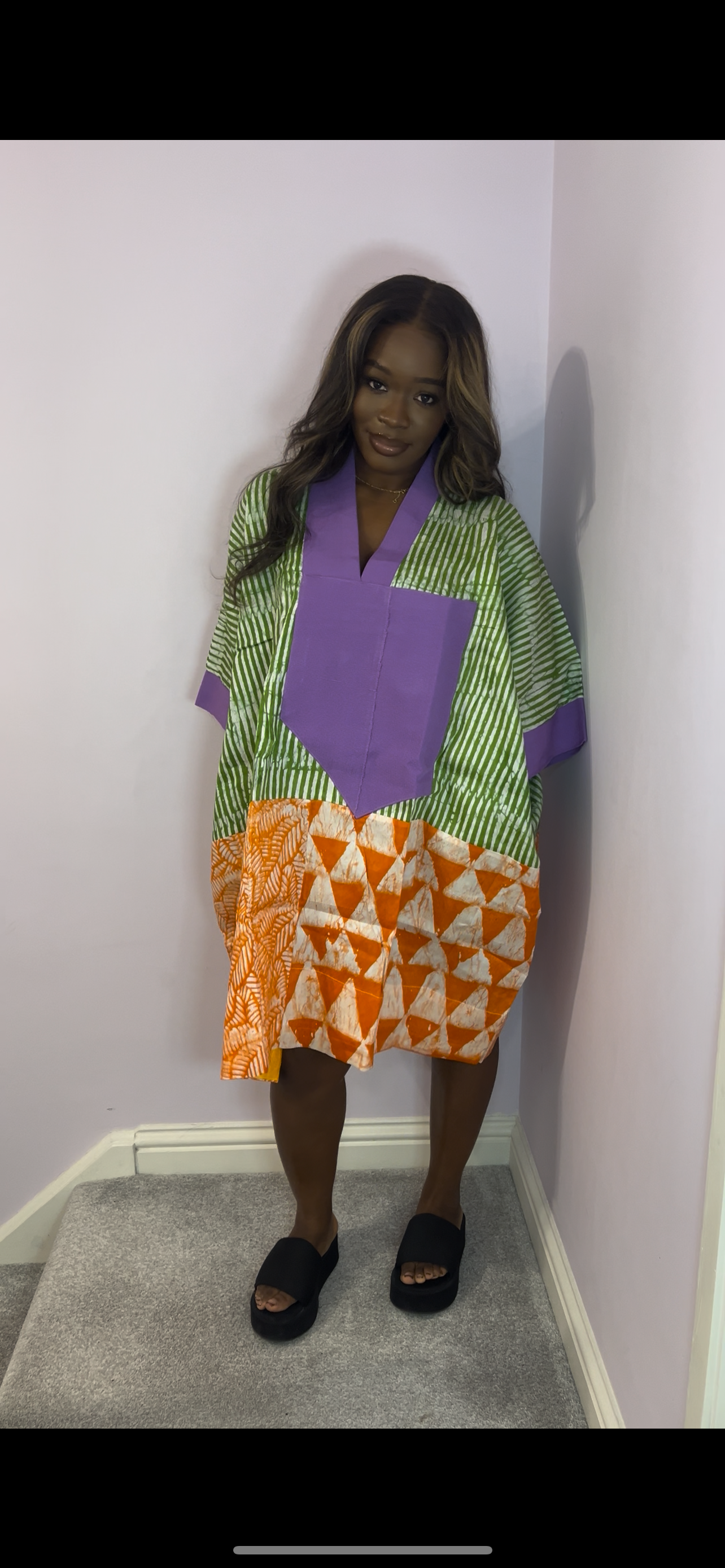 Short multi coloured bubu with purple trim detail one size