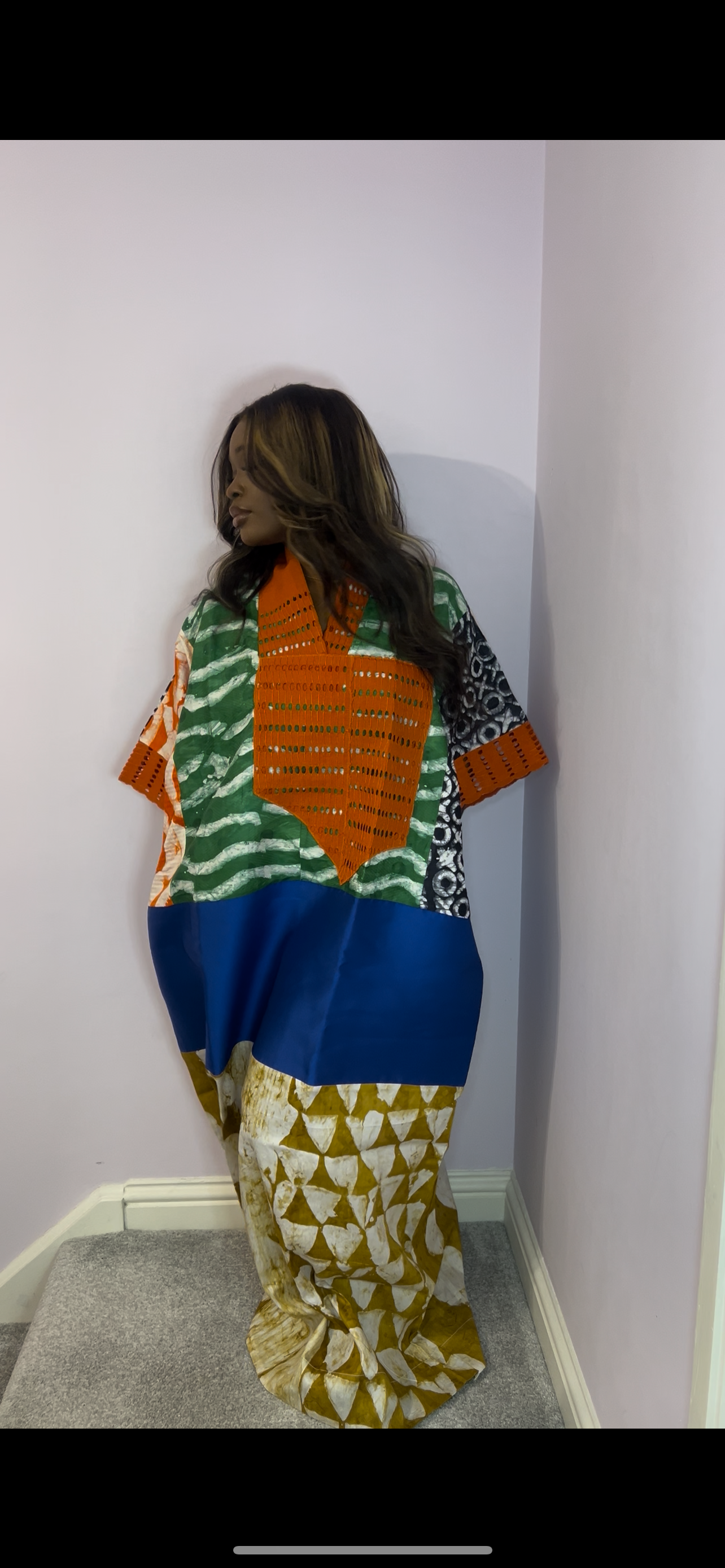 Multi coloured patchwork bubu with orange agbada detailing one size