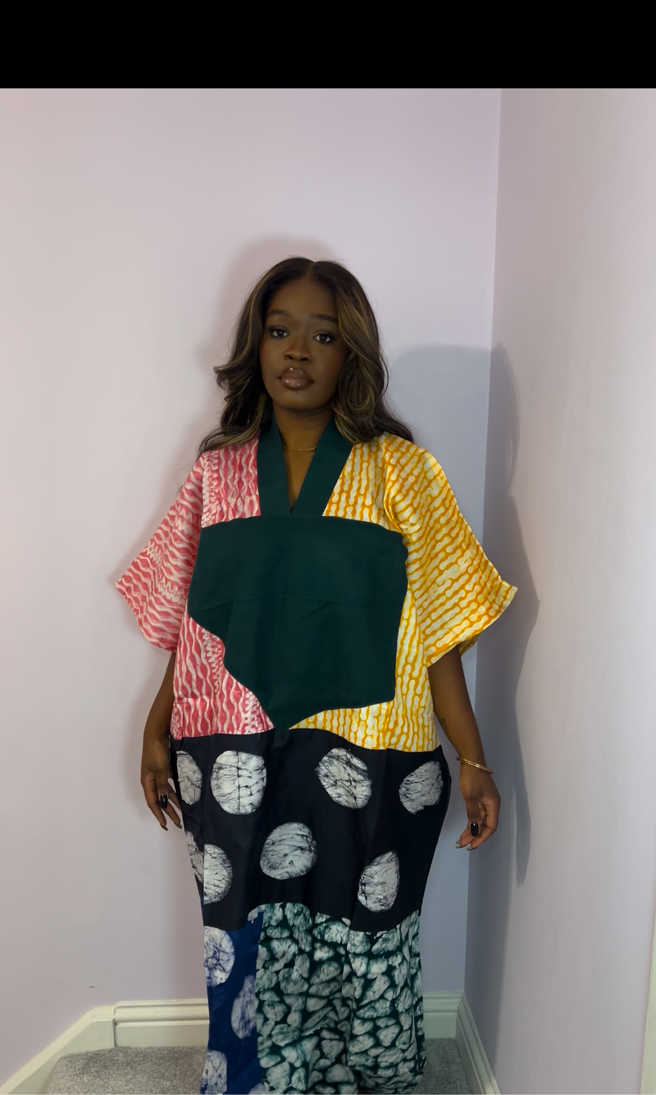 Mixed print colourful bubu with green agbada style trim one size