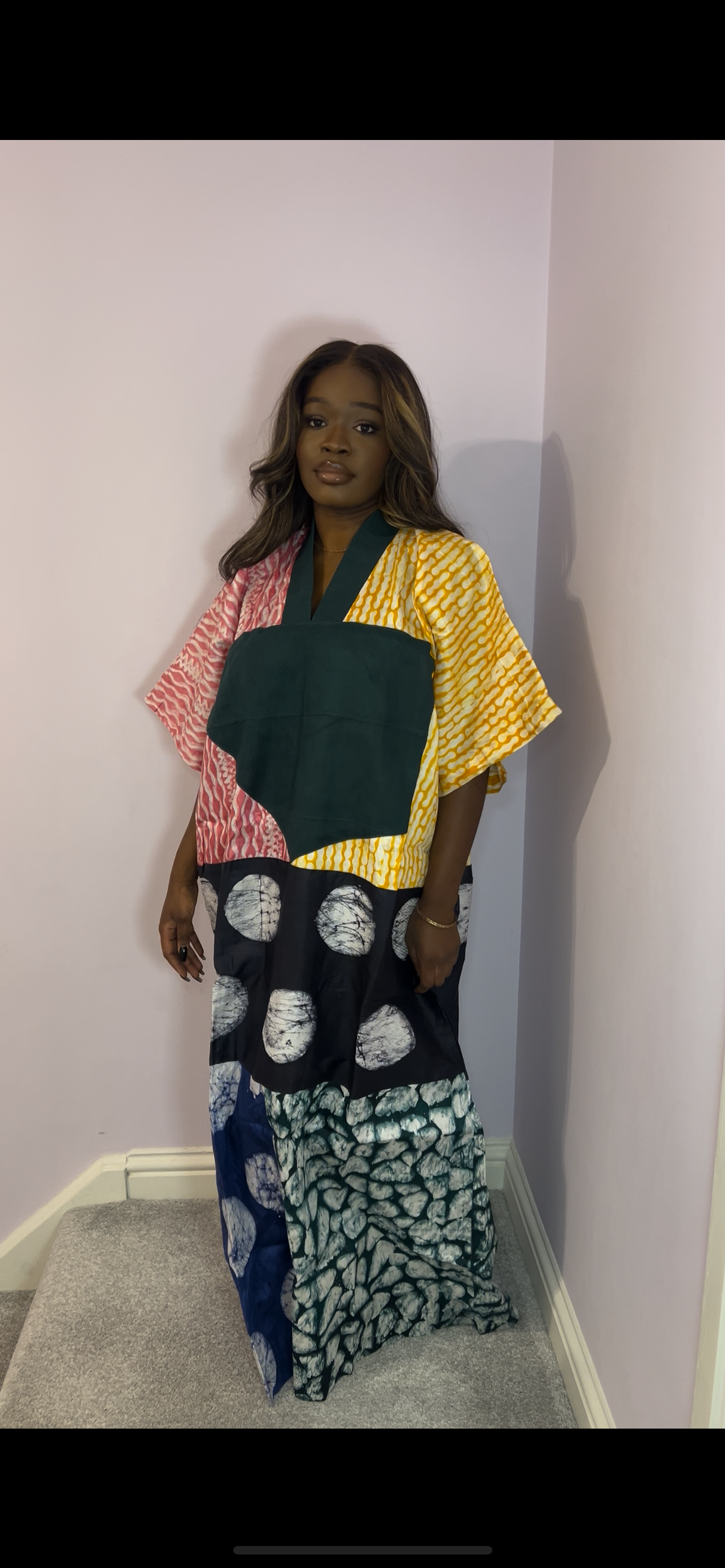 Mixed print colourful bubu with green agbada style trim one size